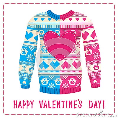 Valentine's day greeting card. Warm sweater with owls and hearts Vector Illustration