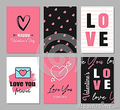 Valentine`s day greeting cards with hearts and symbol decoration for invitation, flyer, posters, tag, banner Vector Illustration