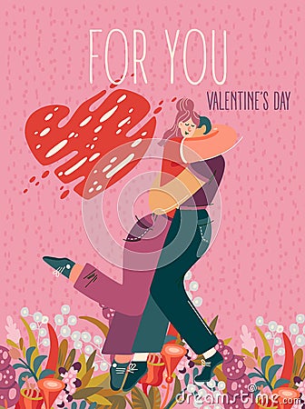 Valentine`s day on greeting vector card with cute hugging young trendy people. Hand-drawn style with modern couple in love. Vector Illustration