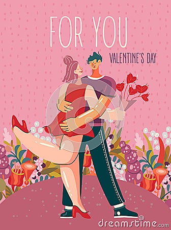 Valentine`s day on greeting vector card with hugging trendy people. Hand-drawn style with modern couple in love. Vector Illustration