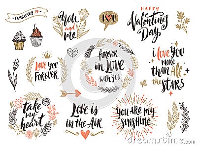 Valentine`s day hand drawn calligraphy set Vector Illustration