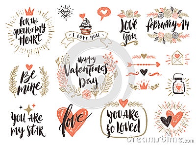 Valentine`s day hand drawn calligraphy set Vector Illustration