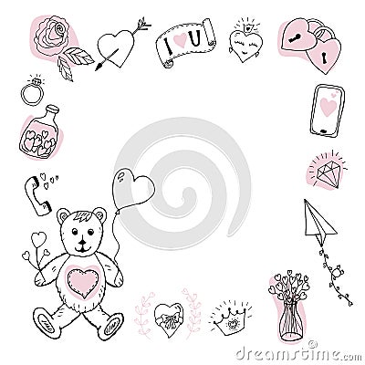 Valentine`s Day hand drawn doodles, love symbols, love messages, design elements. Vector Illustration