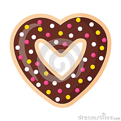 Valentine`s Day heart shaped chocolate donut with icing and pastry topping Vector Illustration