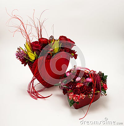 Valentine`s day hearts gift for the lover. Red art job with roses. Stock Photo
