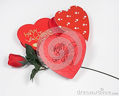 Valentine`s Day Hearts with Red Silk Rose Stock Photo