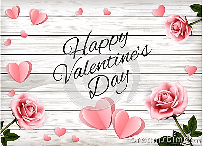 Valentine`s Day Holiday Background with a Pink roses and Paper Hearts on a Wooden Sign. Vector Illustration