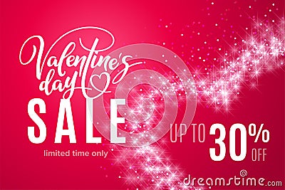Valentine`s day holiday sale 30 percent off with heart of glitter on red background. Limited time only. Template for a banner, Cartoon Illustration