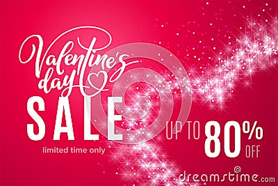 Valentine`s day holiday sale 80 percent off with heart of glitter on red background. Limited time only Vector Illustration