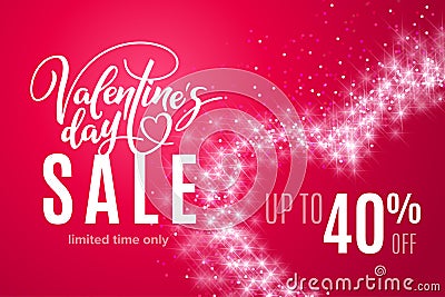 Valentine`s day holiday sale 40 percent off with heart of glitter on red background. Limited time only Vector Illustration