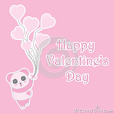 Valentine`s day illustration with cute baby pink panda brings balloons Cartoon Illustration