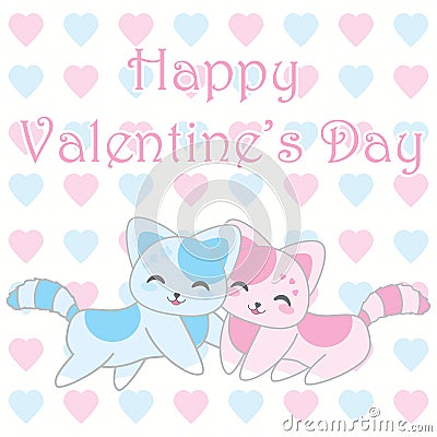 Valentine`s day illustration with cute blue and pink cats on love background Cartoon Illustration