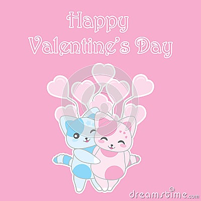 Valentine`s day illustration with cute blue and pink cats on pink balloons background Vector Illustration