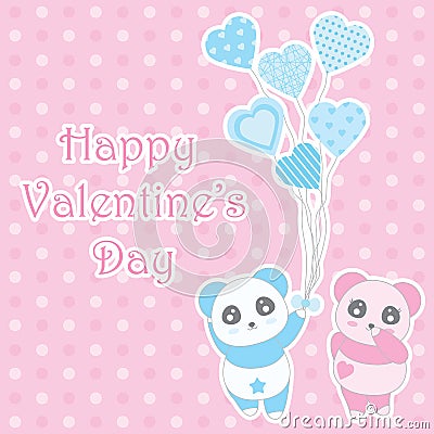 Valentine`s day illustration with cute boy and girl panda bring balloons on polka dot background Vector Illustration