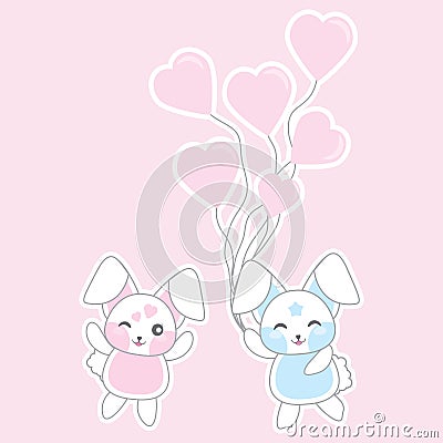 Valentine`s day illustration with cute rabbits bring love balloons on pink background Vector Illustration