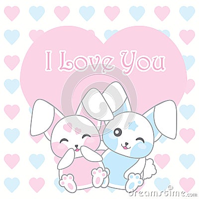 Valentine`s day illustration with cute rabbits on love background Vector Illustration