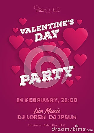 Valentine`s Day invitation flyer. The template for the club, musical evenings. Speech by musicians, DJs. Night festive Vector Illustration