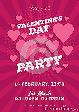 Valentine`s Day invitation flyer. The template for the club, musical evenings. Speech by musicians, DJs. Night festive Vector Illustration