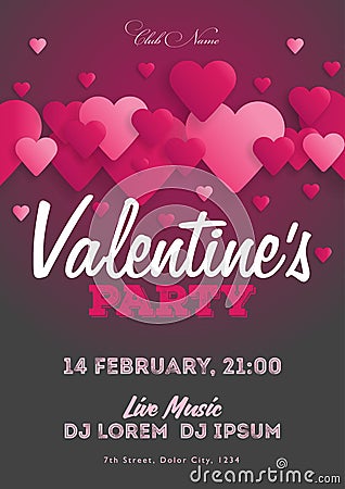 Valentine`s Day invitation flyer. The template for the club, musical evenings. Speech by musicians, DJs. Night festive Vector Illustration