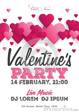 Valentine`s Day invitation flyer. The template for the club, musical evenings. Speech by musicians, DJs. Night festive Vector Illustration