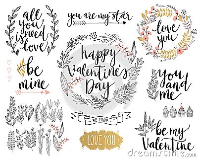 Valentine`s Day Lettering Design Set - hand drawn. Vector Illustration