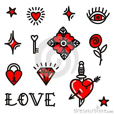 Valentine`s Day love symbols in old school style. Vector illustration for Valentine`s Day, stickers, tattoos Vector Illustration