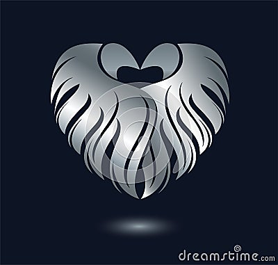 Valentine`s Day luxury greeting card with heart and wings. Iron heart. Silver bird feather icon Vector Illustration