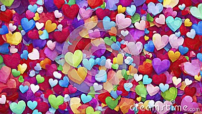 Valentine's day multicoloured background, many hearts of different shapes, AI Generated Cartoon Illustration