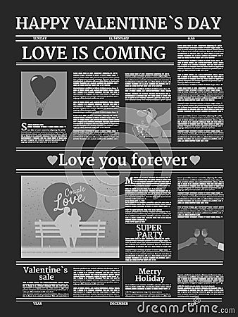 Valentine's day newspaper seamless pattern. Background with title header, unreadable text, retro. Vector Vector Illustration