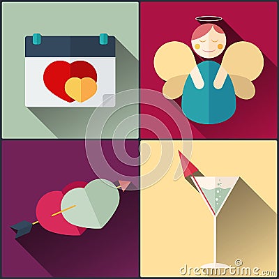 Valentine`s Day pack included calendar, angel, love heart, cocktail Vector Illustration