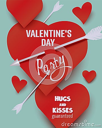 Valentine`s Day party invitation card with paper hearts and arrows. Vector Illustration