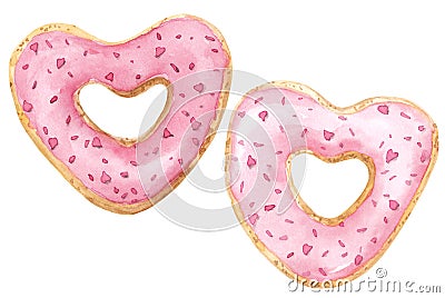 Valentine`s day pastry set. Watercolor hand painted pink heart shaped donuts isolated on white background. Stock Photo