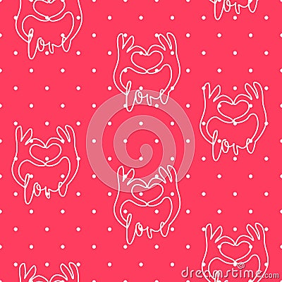 Valentine`s day pattern in polka dot with contour hands on red background. Vector Vector Illustration