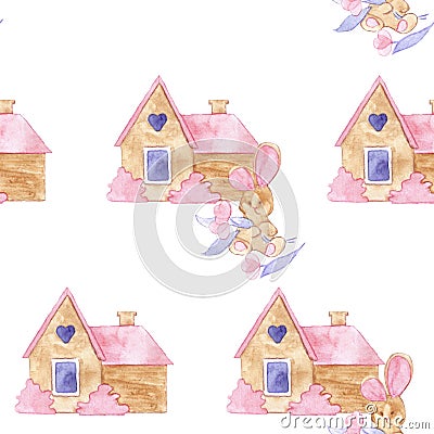 Valentine`s Day pattern. Sweet and Romantic. House and bunny with flowers. Watercolor Stock Photo