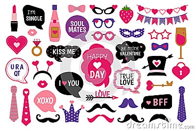 Valentine`s Day photo booth props photobooth set Vector Illustration