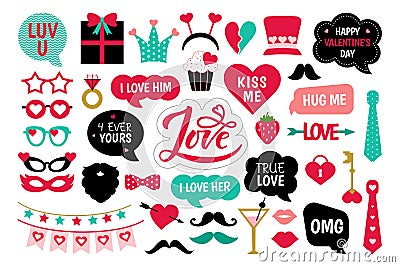 Valentine`s Day photo booth props photobooth set Vector Illustration