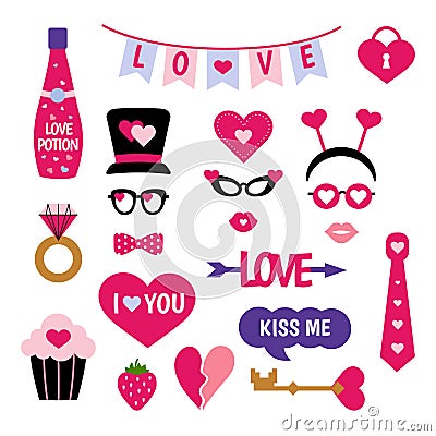 Valentine`s Day photo booth props photobooth set Vector Illustration