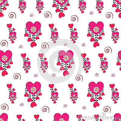 Valentine`s day pink heart and swirl design seamless vector pattern on white background Vector Illustration
