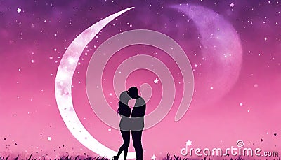 valentine's Day. A pink and purple sky with a crescent moon and stars. with a couple holding hands and kissing Stock Photo