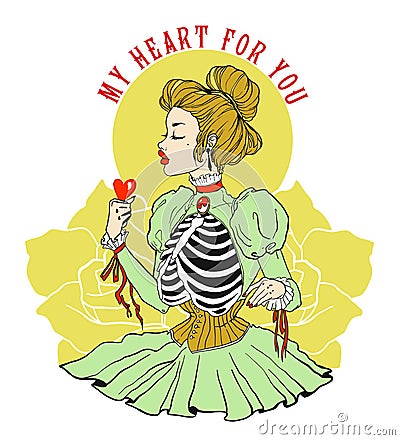 Valentine`s Day Postcard. Girl holds heart. MY HEART FOR YOU. Vector Illustration