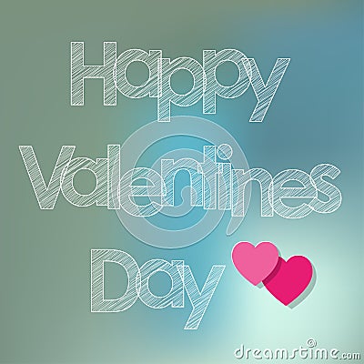 Valentine`s Day postcard white scribble Letters with Hearts on a blue bokeh fog background. Vector Illustration