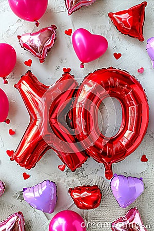 Valentine's day poster with shiny foil balloons XO kiss and hug message Stock Photo