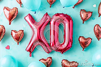Valentine's day poster with shiny foil balloons XO kiss and hug message Stock Photo