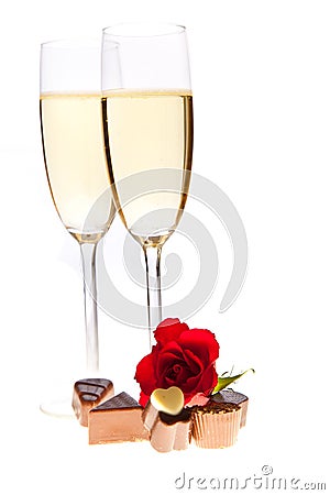 Valentine's day roses and champagne wine isolated Stock Photo