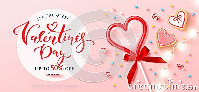 Valentine`s day sale background with Red heart lollipop,cookies, marshmallows, streamers and garland. Modern design Vector Illustration