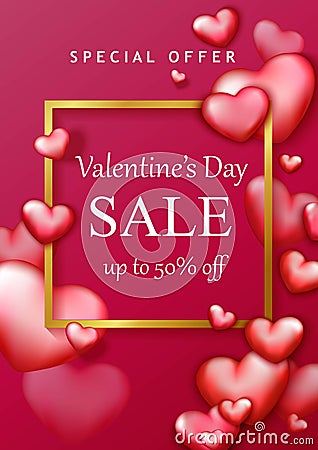 Valentine`s day sale background with red and pink hearts. Discount, shop promotion template. Vector Illustration