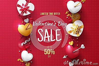Valentine`s day sale background template with 3D hearts, love arrow and gift box. Vector Illustration