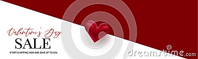 Valentine`s Day sale banner design. Romantic love 3d hears decoration. Design concept for website header or newsletters. Vector Illustration