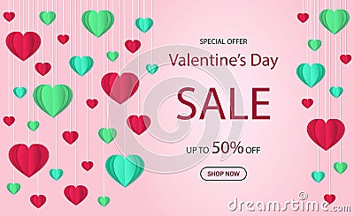 Valentine`s day sale banner. Love background with hanging hearts. Design offer gift card for happy Valentine`s day. Paper cut Stock Photo