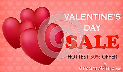 Valentine`s day sale banners with 3d heart-shaped balloons Vector Illustration